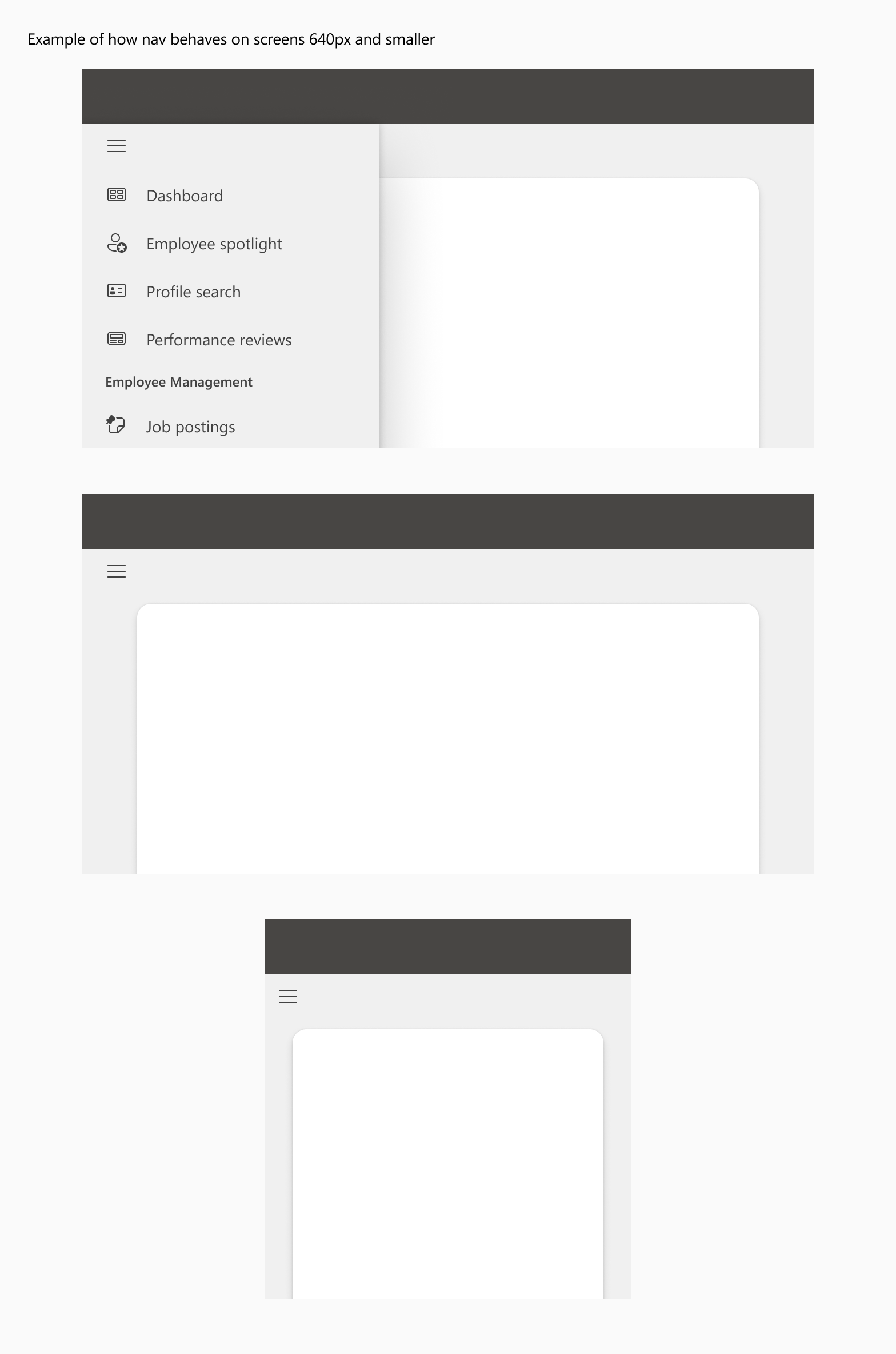 Example of how nav behaves on screens 640px and smaller